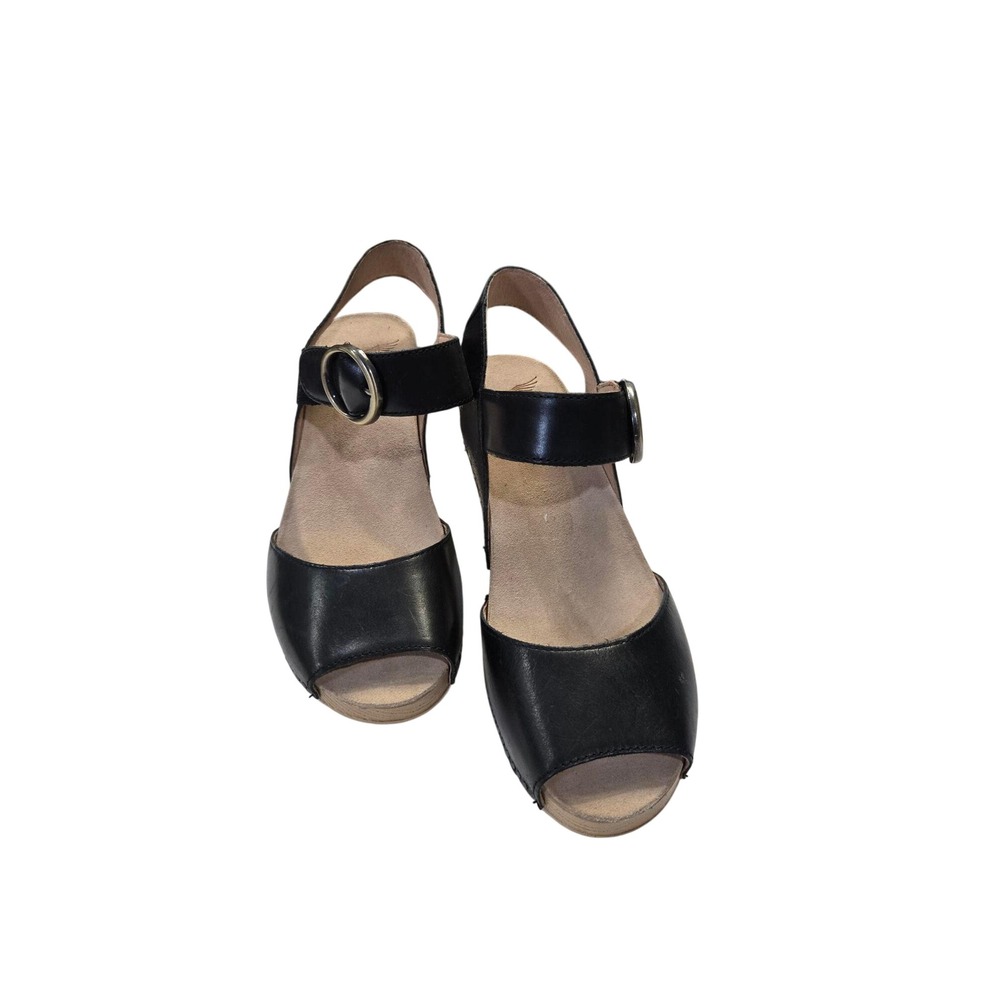 Dansko Thea Black Leather Clog Sandals Ankle Strap Peep Toe Wood Heel 39